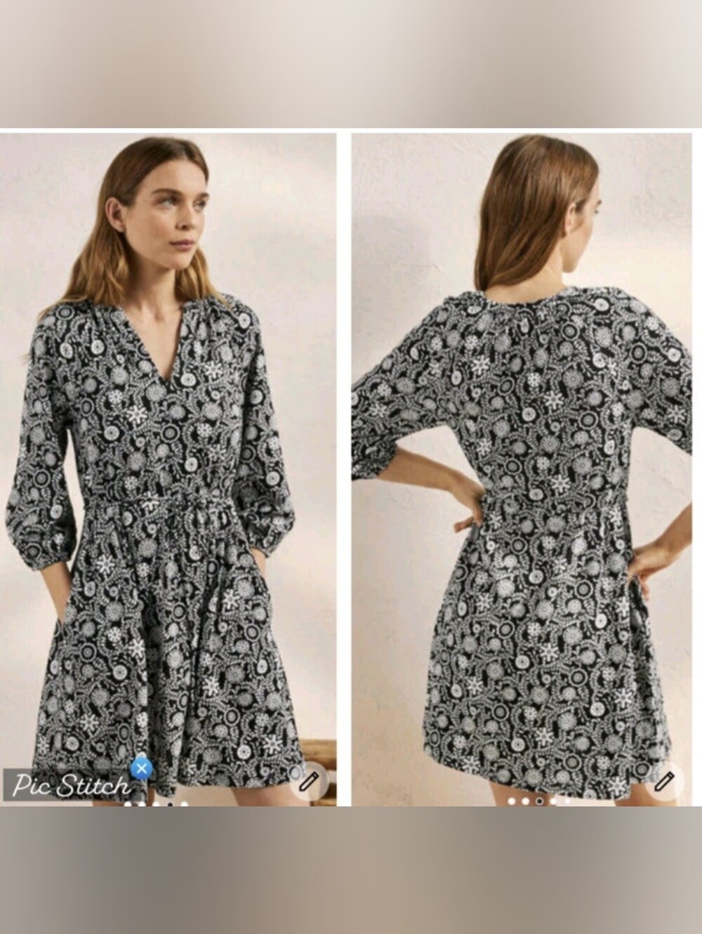 NWOT Boden Women's Black White Floral Print V-neck Mini Dress 10 Medium Cotton